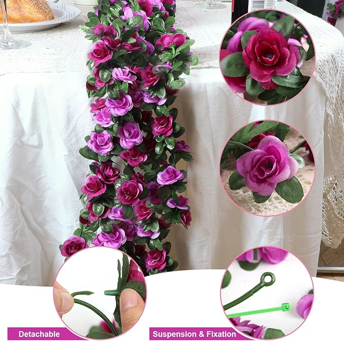 MARTINE MALL Flower Garland - Rose Vines, 8 Strands 66Ft for Bedroom, Purple Rose Floral Garland for Room Table Birthday Wedding Party Garden Wall Decor