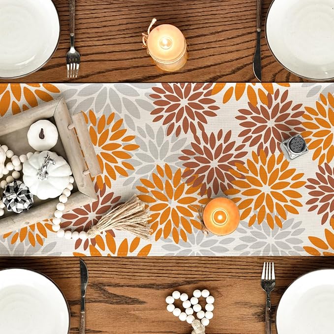 Artoid Mode Orange Dahlia Floral Pinnata Fall Table Runner, Seasonal Autumn Thanksgiving Kitchen Dining Table Decoration for Home Party Decor 13x72 Inch