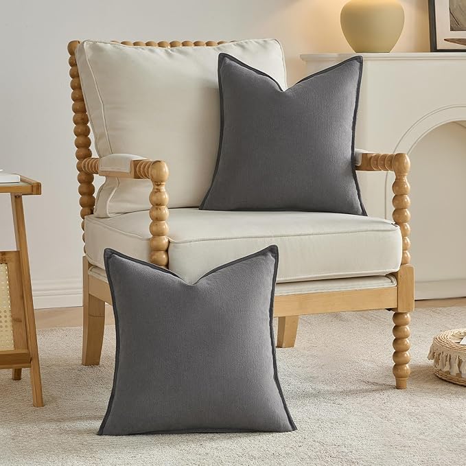 FUTEI Dark Grey Chenille Throw Pillow Covers 24x24 Inch Set of 2,Edges Double-Stitched European Cushion Cases,Modern Home Decor for Couch Living Room