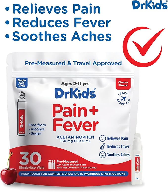 Dr. Kids Children’s Pain and Fever Medicine - Acetaminophen for Kids Ages 2-11, Pre-Measured Single-Use Vials for Headache, Sore Throat, Cold and Flu, Cherry Flavor, 30 Count (Pack of 1)