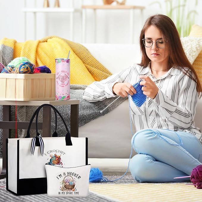 Geiserailie 8 Pcs Christmas Crochet Hobbyist Gifts for Women Including Large Tote Bag Cosmetic Bags Tumbler Cup Plush Socks Metal Keychain Card and Envelope for Crochet Hobbyist Thank You Gifts