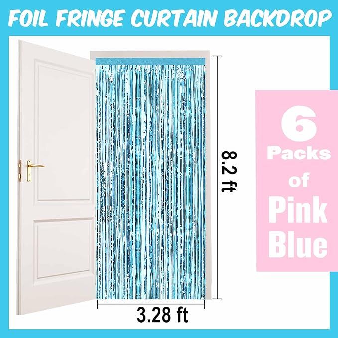 6 Pack Pink Blue Foil Fringe Curtains Backdrop, 3.28 x 8.2 Ft Metallic Streamers Tinsel Curtains Background for Photo Booth, Birthday, Christmas, Halloween, Thanksgiving, New Year Party Decorations