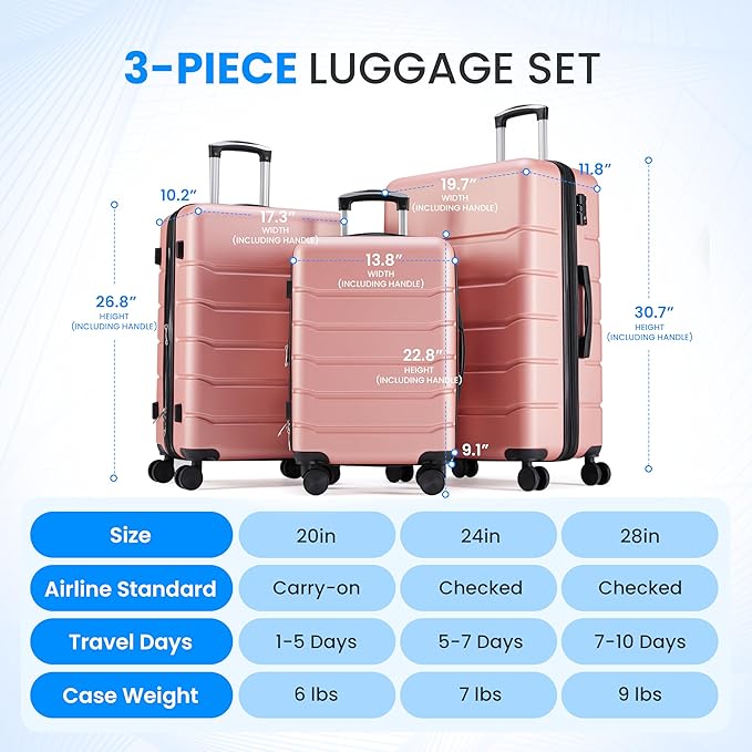 Simple Deluxe 20 Inch Expandable Hardside Carry On with Spinner Wheels & TSA Lock, ABS Hard Shell Lightweight Rolling Luggage Suitcase, Pink