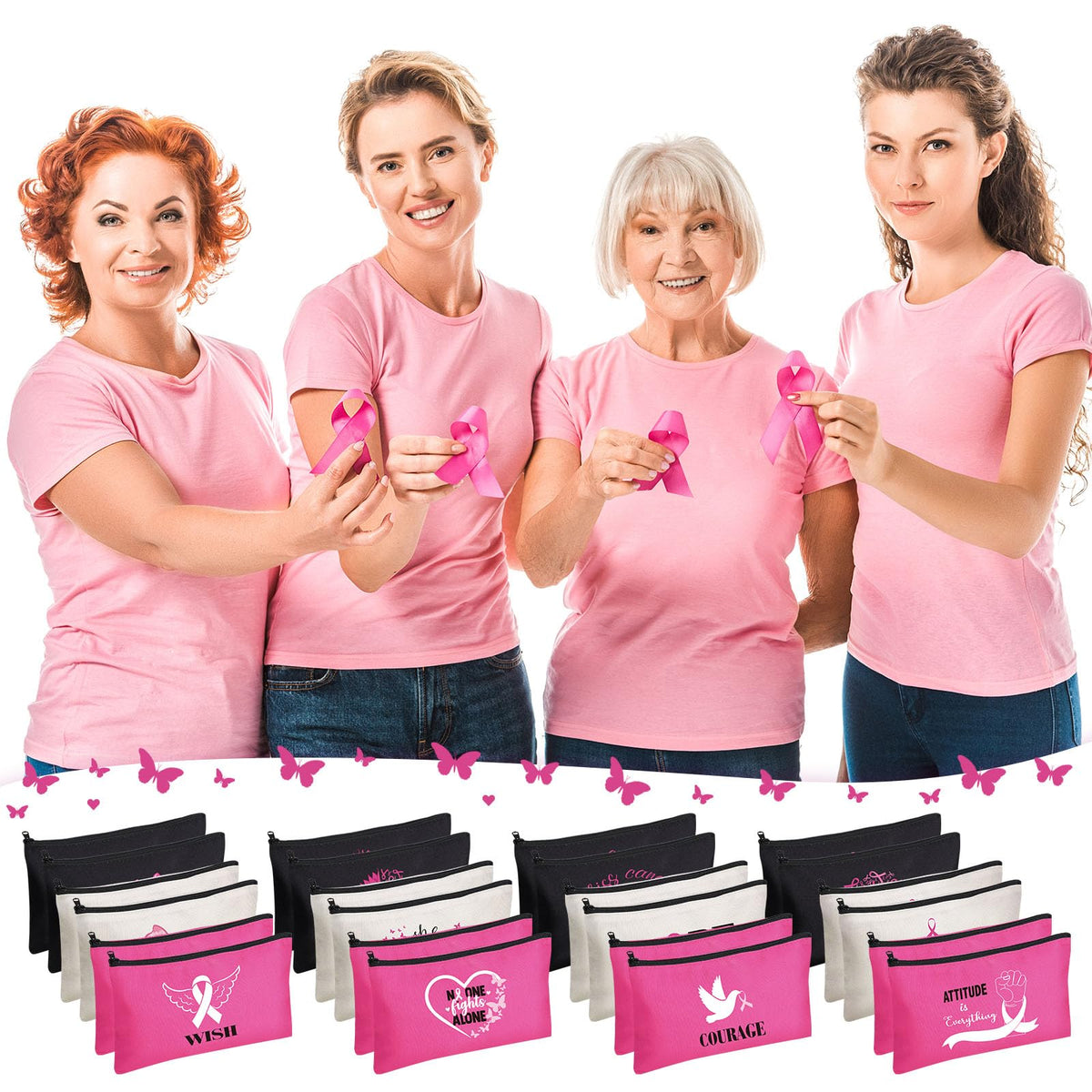 Xuniea Breast Cancer Awareness Bag Pink Ribbon Travel Makeup Pouch Breast Cancer Cosmetic Pouch Portable Canvas Breast Cancer Gift Bag for Vacation Travel Women Breast Cancer Awareness Party (24 Pcs)