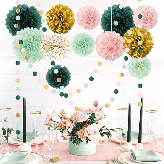 AOBKIAT Wedding Birthday Party Decorations Set,15PCS Sage Green Pink Tissue Paper Pompoms Circle Dots Paper Garland String Hanging Backdrop for Baby Shower, Boho Bridal Wedding Theme Decor