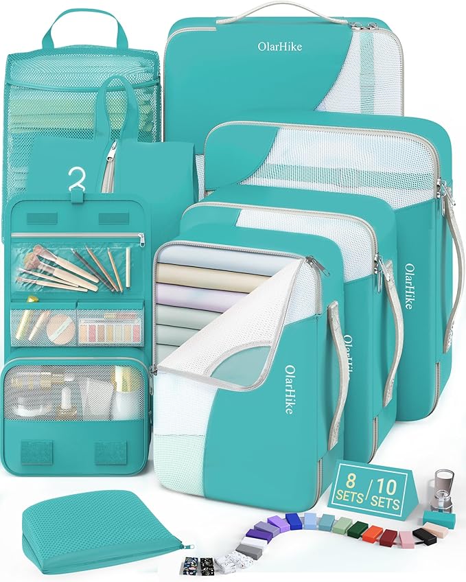 8 Set Packing Cubes for Travel, Gifts for Women Mom,Anti-Tearing Suitcase Organizer for Luggage with Shoe & Hanging Toiletry Bag,OlarHike Vacation Essentials & Accessories for Cruise Ship