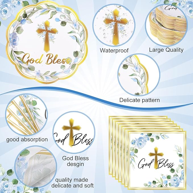 Pickmesh 194 Pcs God Bless Baptism Party Decoration Boy for 24, Blue Floral Baptism Paper Plate Napkin Cup Tablecloth Cutlery First Holy Communion Tableware for Christening Baby Shower Supplies