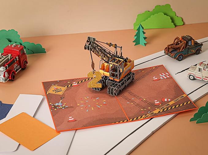 Liif Crane Truck Happy 2nd Birthday Card,3D Greeting Pop Up Card For Age 2,Two Years Old,For Kids, Boy, Nephew, Grandson, Toddler,With Message Note & Envelop,Size 7x5 Inch