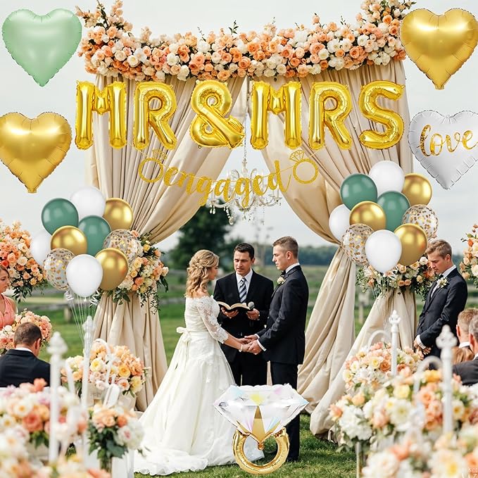 Sage Green Engagement Party Decorations, MR and MRS Balloons, Metallic Gold White Confetti Balloon, Love Heart and Diamond Ring Foil Balloon with Engaged Banner for Wedding Engagement Party Decoration