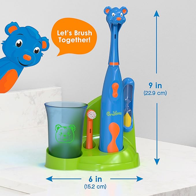 Brusheez Kids’ Electric Toothbrush Set - Safe & Effective for Ages 3+ - Parent Tested & Approved with Gentle Bristles, 2 Brush Heads, Rinse Cup, 2-Minute Timer, & Storage Base (Buddy The Bear)