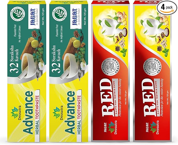 Jagat Devsutra Advanced Toothpaste & Red Toothpaste | Doctor Recommended Ayurvedic, Organic & Herbal | 100% Natural Teeth Whitening, No Fluoride & Artificial Colors, Gum Cure, Vegan - Pack of 4