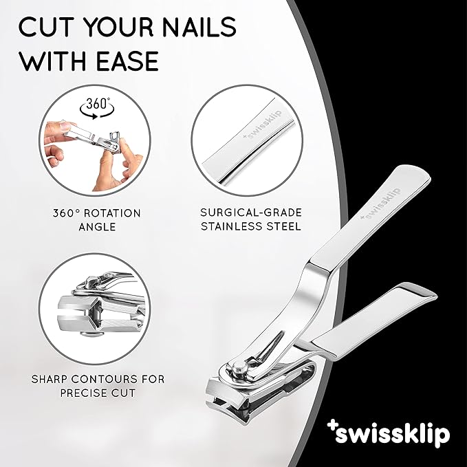 Swissklip Nail Clippers for Men & Women | Finger Nail Clippers for Adult with 360 Degree Rotating Head I Fingernail Clippers for Women I Surgical-Grade Stainless Steel Material