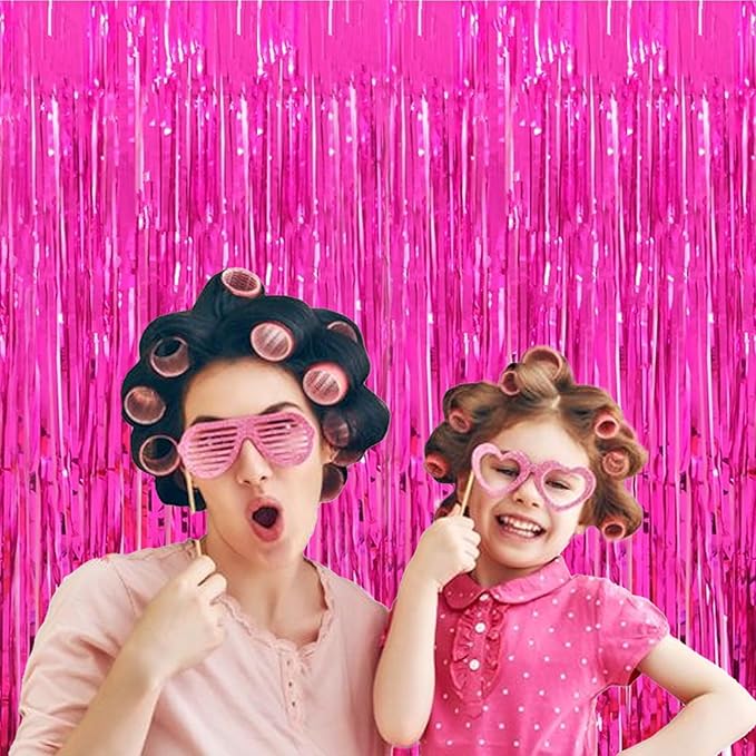 3Pack Pink Foil Fringe Curtain Backdrop - 3.3ft x 8.3ft Metallic Tinsel Photo Booth Decor for Birthday Party Decorations