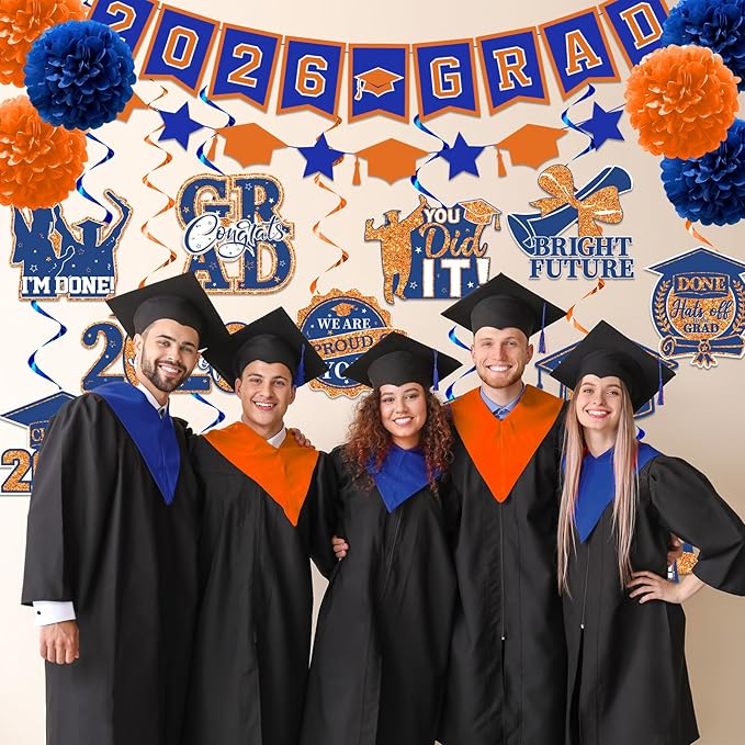 Orange and Blue Graduation Decorations, Grad Banner and Congrats Grad Hanging Swirls, Orange and Blue Graduation Banner Graduations Hanging Swirls College Graduations Party Decorations Class of 2026