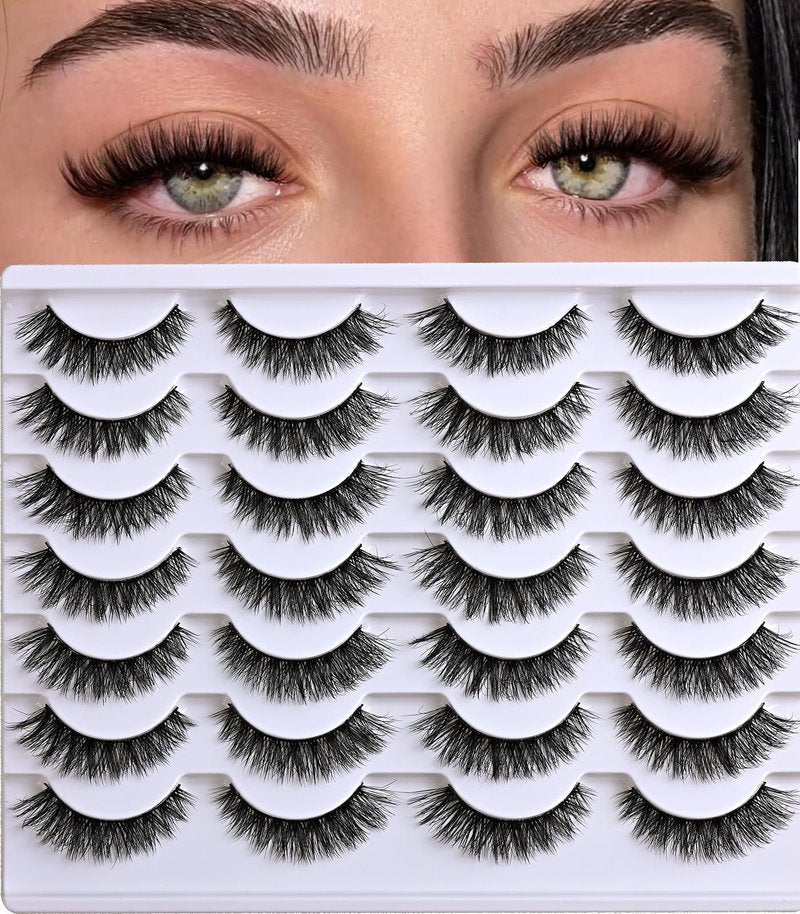 WEIAIDAPD Wispy Lashes Natural False Eyelashes 14 Pairs Cat Eye Lashes Strips 9-14mm Fake Mink Lash Pack Wispies Strip Eyelash Short Small Fluffy Pestañas Postizas for Everyday Wear