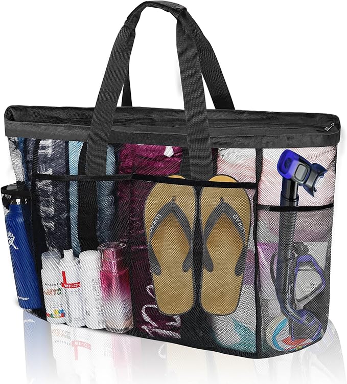 Mesh Beach Bags for Family - Women Beach Tote Bag for Toys, Towels, Travel Vacation Cruise Essentials