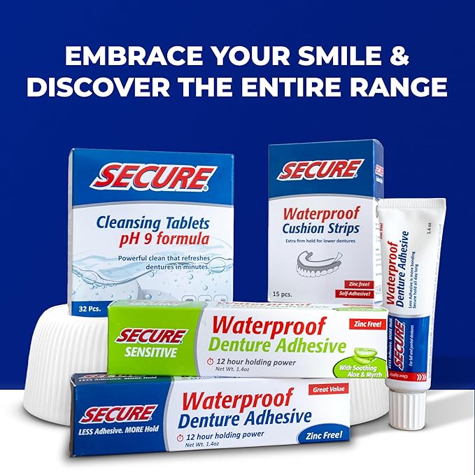 Secure Sensitive Denture Adhesive with Aloe Vera & Myrrh – 12-Hour Max Hold – Patented Waterproof Seal – for All Denture Types – Food Grade Ingredients – 1.4 oz