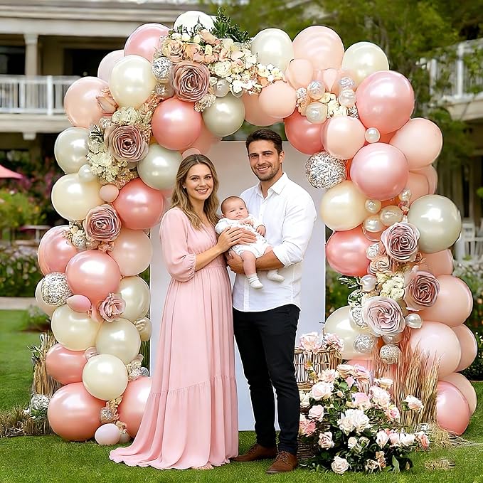 Pastel Pink White Balloon Arch Double Stuffed Light Pearl Blush Pink Cream Beige Peach Balloon Garland Kit for Birthday Wedding Baby in Bloom Baby Shower Bridal Princess Valentine's Day Party Decor