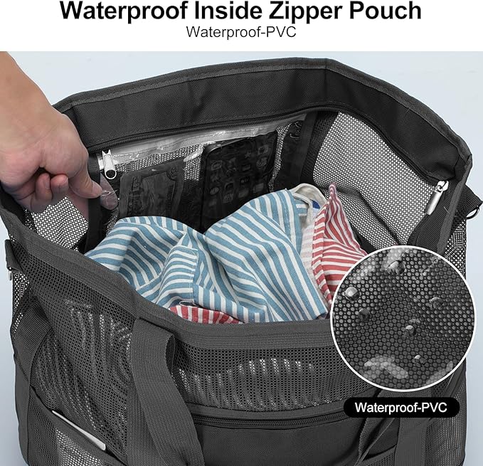 Mesh Beach Bags for Family - Women Beach Tote Bag for Toys, Towels, Travel Vacation Cruise Essentials