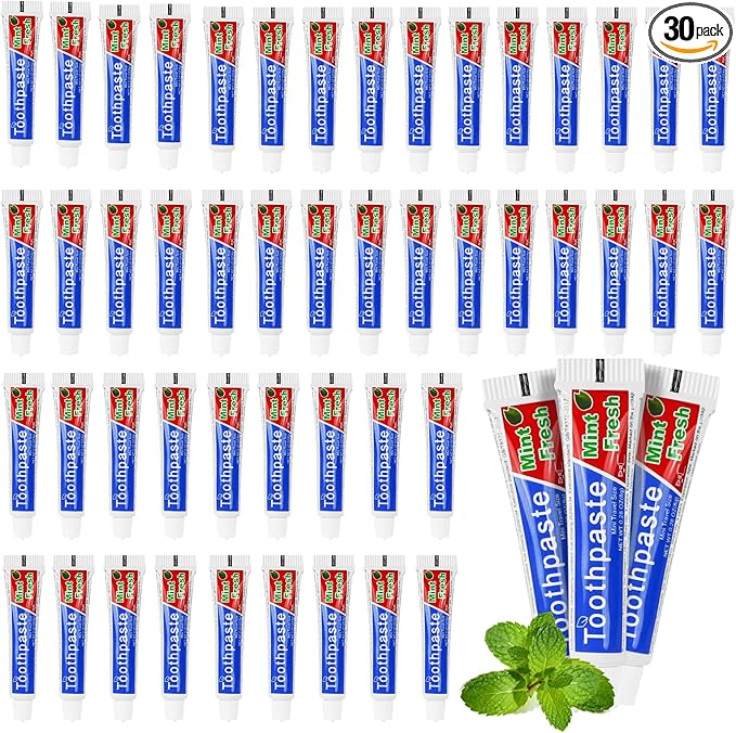 HOIQIRY 0.28 oz Small Travel Size Toothpast Bulk - Pack of 30,Disposable Mint Flavor 0.8x3.14 inches Single Use Mini Toothpaste for Hotel,Camping,Homeless,Charity,Guests,Office,Vacation