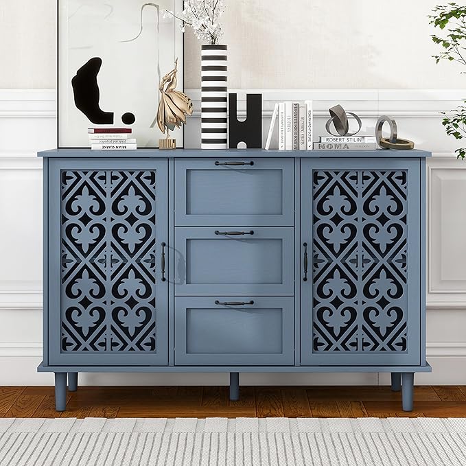 Sideboard Buffet Cabinet with Storage - Accent Storage Cabinet American Furniture, Modern 2 Door 3 Drawer Cabinet, Farmhouse Wood Credenza for Living Room, Dining Room, Entryway (Blue)