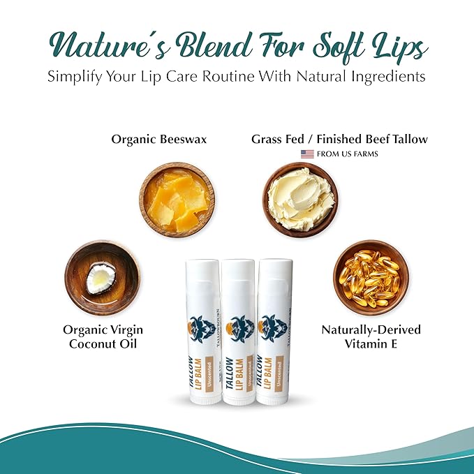 Moisturizing Tallow Lip Balm – Grass-Fed Beef Tallow with Organic Coconut Oil, Beeswax, and Vitamin E – Unscented Lip Balm Set – Travel Essential - 3-Pack