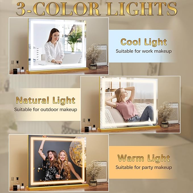 Gold Vanity Mirror with Lights 23x18 Inch, 3-Color Dimmable LED & Touch Control - Large Makeup Mirror for Dressing Room (Wall/Tabletop Mount)