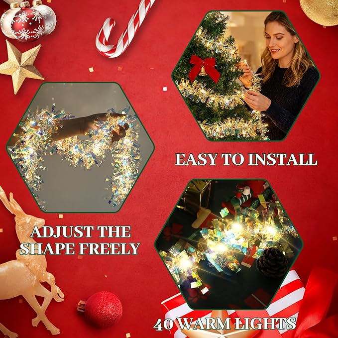 LAWOHO 2 Pack 6.5FT Christmas Tinsel Garland with Lights, Shiny Iridescent Foil Garland for Valentines Day, Christmas Tree, Wedding Birthday Party, New Year Holiday, Indoor Outdoor Hanging Home Decor