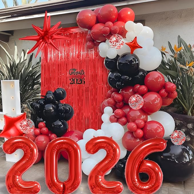 Graduation Balloon Arch Kit 2026 Graduation Party Decorations, Different Sizes 5 12 18 Inch Red Black Graduations Balloons Arch with Class of 2026 Cake Toppers, Fringe Curtain, Star & 2026 Balloons