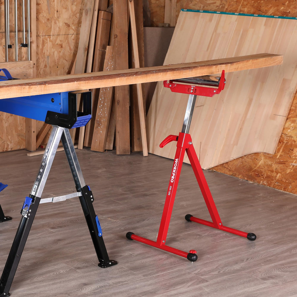 WORKPRO Folding Roller Stand Height Adjustable, Heavy Duty 250 LB Load Capacity, Outfeed Woodworking (Upgraded head)