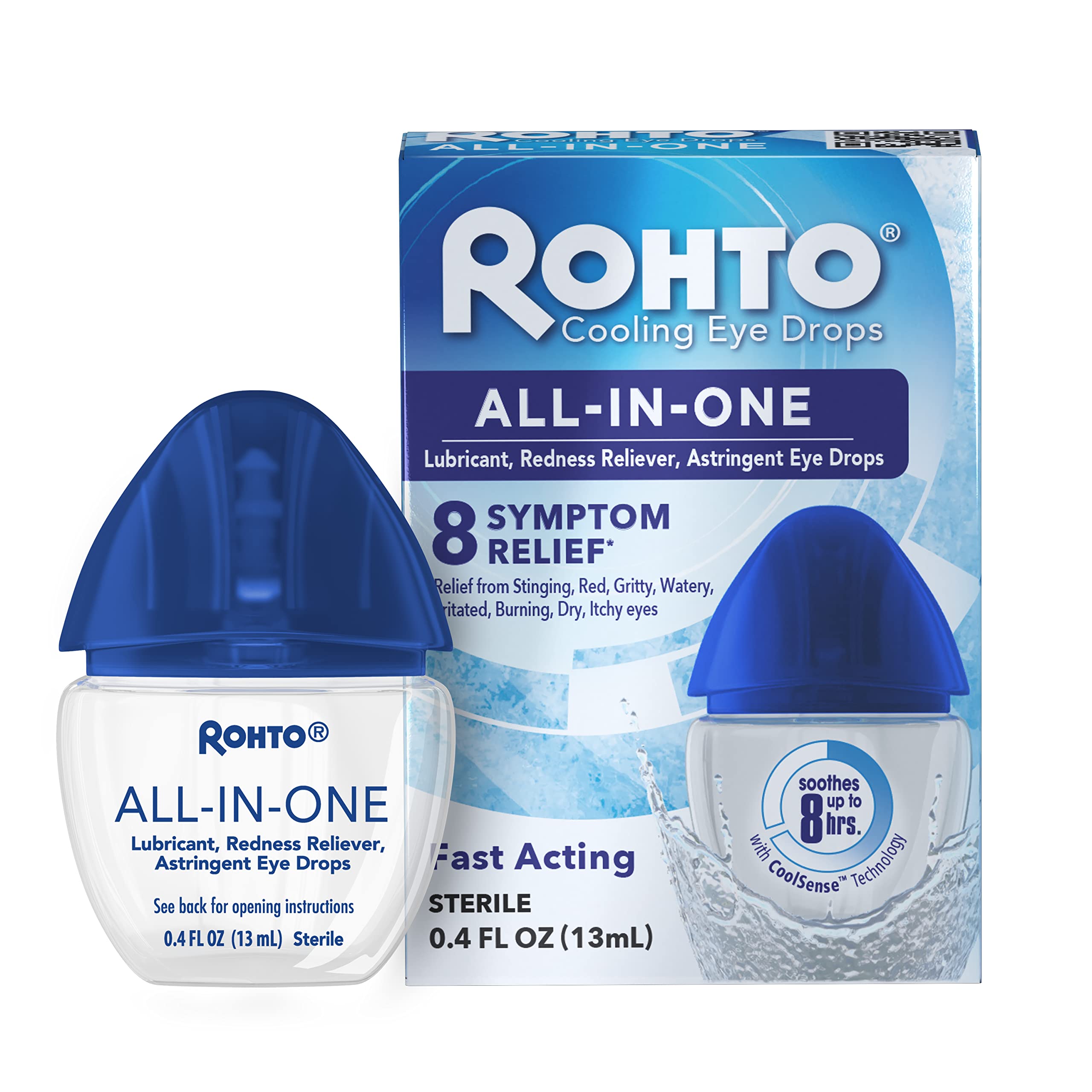 Rohto All-in-One Multi-Symptom Eye Drops, CoolSense™ Technology Relieves Irritation from Red, Dry, Itchy, Burning, Gritty, and Watery Eyes, 0.4 fl oz, 3 Count