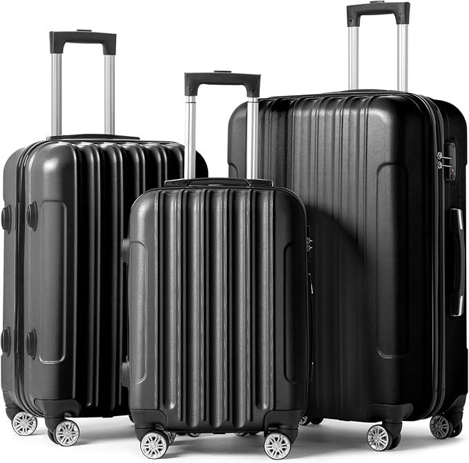 Karl home Luggage Set of 3 Hardside Carry on Suitcase Sets with Spinner Wheels & TSA lock, Portable Lightweight ABS Luggages for Travel, Business - Black(20/24/28)
