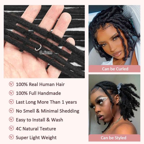 LANWIUKU Loc Extensions Human Hair 16 Inch 30 Strands 0.6cm Width Dreadlock Extensions Human Hair for Women Men Kids Full Handmade Permanent Locs Can Be Dyed and Bleached