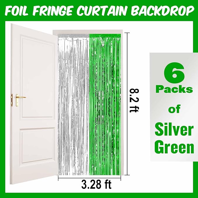 6 Pack Silver Green Foil Fringe Curtains Backdrop, 3.28 x 8.2 Ft Metallic Streamers Tinsel Curtains Background for Photo Booth, Birthday, Christmas, Halloween, Thanksgiving, New Year Party Decorations