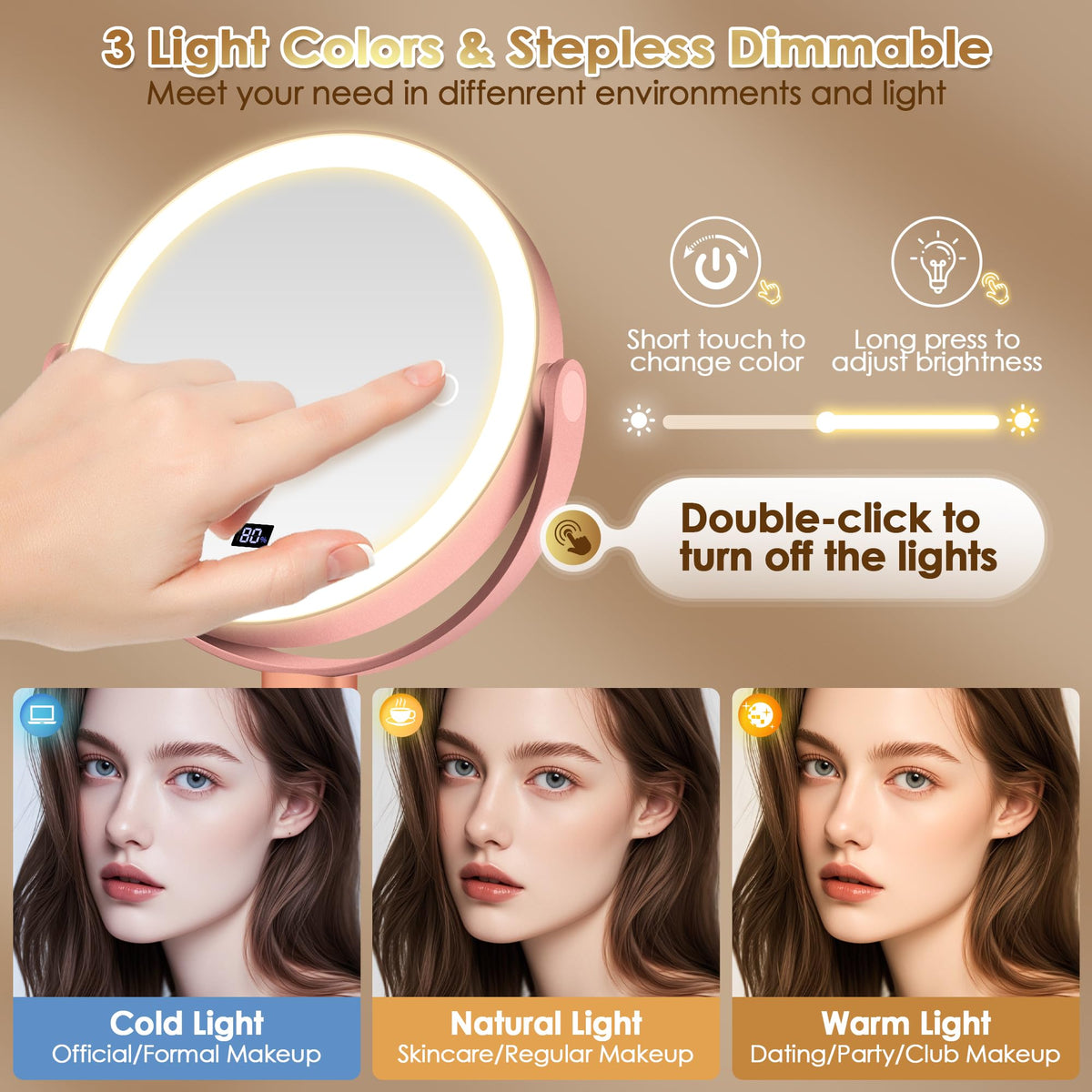 MIYADIVA Makeup Mirror with Lights, 30X/1X Magnifying Mirror with Digital Display, Height Adjustable Tabletop Mirrors, Detachable for Travel, Vanity Mirrors with Phone Holders, Rose Gold