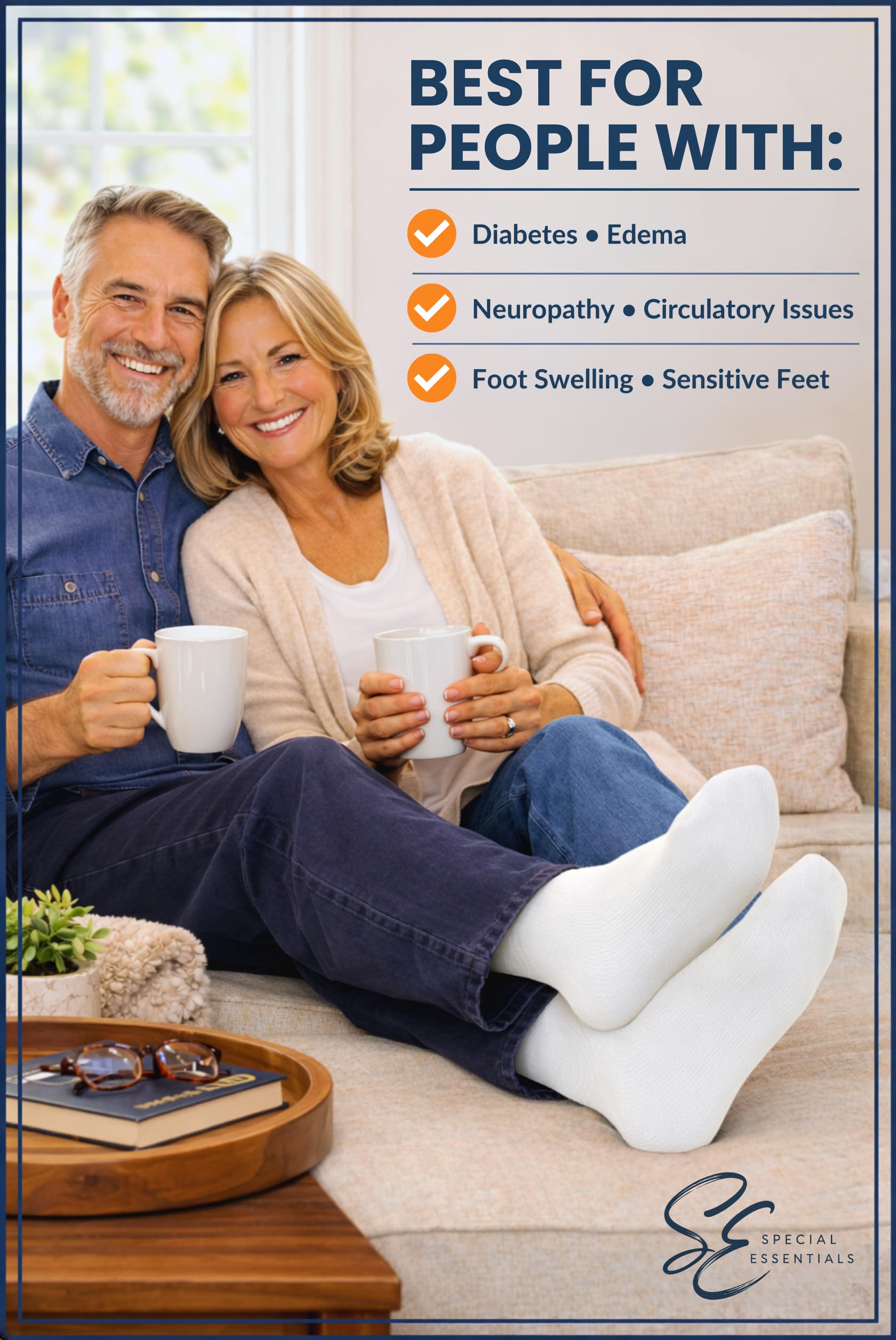 Special Essentials Diabetic Socks for Men & Women – 12 Pairs of Non-Binding Extra Wide Top Cotton Neuropathy Socks – Crew Length, White, 9-11