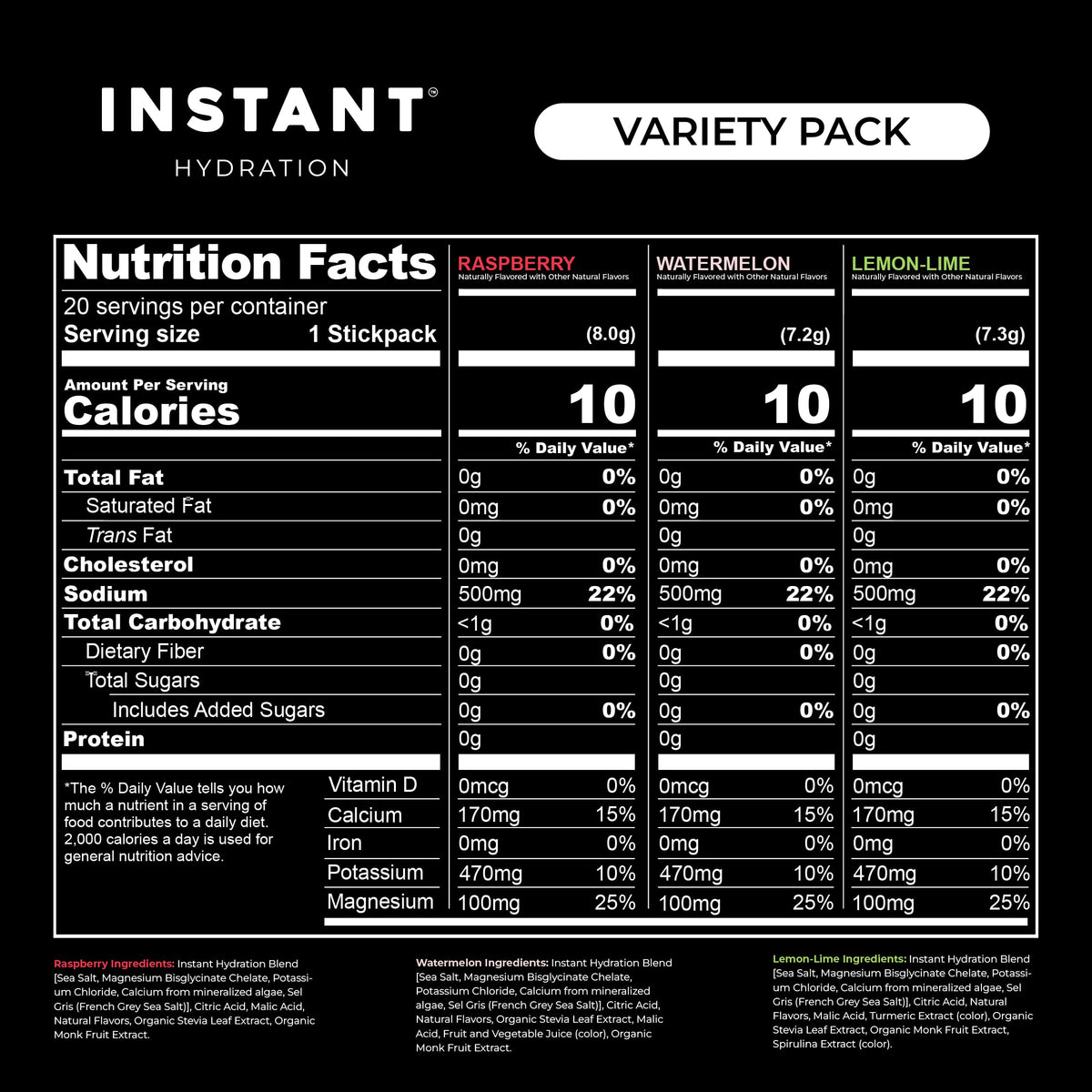 Instant Hydration Sugar Free Electrolytes Powder Packets Variety Pack - Watermelon, Raspberry, Lemon Lime Drink Mix & Travel Essentials with Magnesium and Potassium - Post Workout Recovery - 20 Sticks