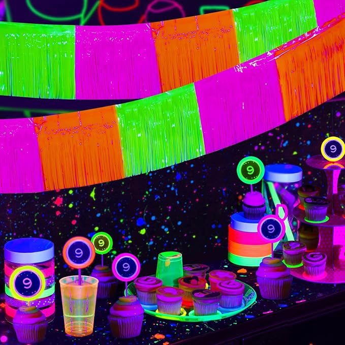 Mega-L Glow in The Dark Party Supplies, 4 Pack Foil Fringe Garland Birthday Party Decorations 9.8 ft Fluorescent Macaron Orange, Yellow and Fuchsia Metallic Tinsel Banner, Photo Booth Prop Table Skirt