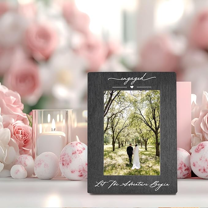Engagement 4x6 Picture Frame, Wedding Photo Frames, Newly Engaged Gifts for Couples Bride Groom, Let the Adventure Begin Engagement Picture Photo Frames for Desk Decor