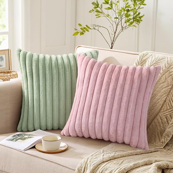 Pallene Faux Fur Plush Throw Pillow Covers 22x22 Set of 2, Luxury Soft Fluffy Striped Decorative Pillow Covers for Sofa, Couch, Living Room, Sage Green