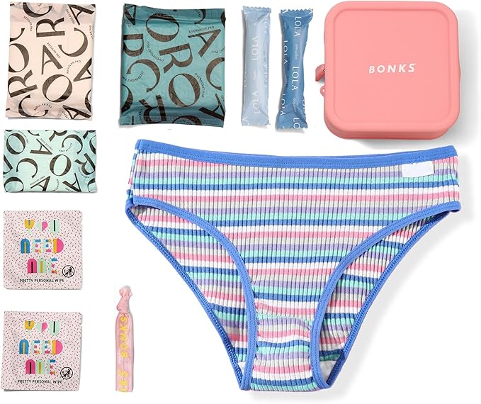 BONKS GoGo Kit - Teen Period Kit for Girls - Emergency Travel Hygiene Kit for Young Women - Includes Pads, Tampons, Underwear & More - L/XL (16-18)