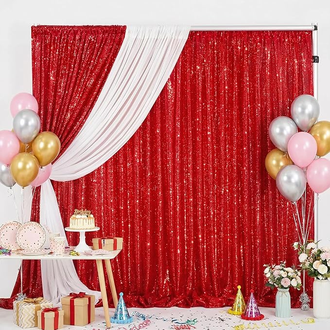B-COOL Red Sequin Backdrop Curtains 2 Packs 3.3ftx8ft Wedding Sparkle Backdrop Fabric Glitter Background Drapes for Party Ceremony Birthday Decoration