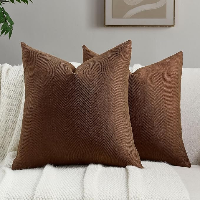 FUTEI Dark Brown Chenille Throw Pillow Covers 24x24 Inch Set of 2,Soft Wide Chevron Textured European Pillow Shams,Farmhouse Home Decor for Couch Bed Living Room