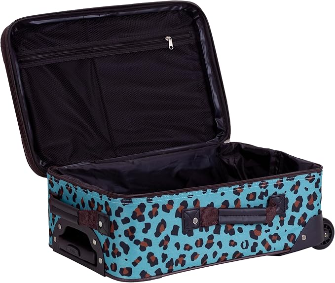 Rockland Fashion Softside Upright Luggage Set,Expandable,Telescopic Handle,Wheel, Blue Leopard, 2-Piece (14/19)