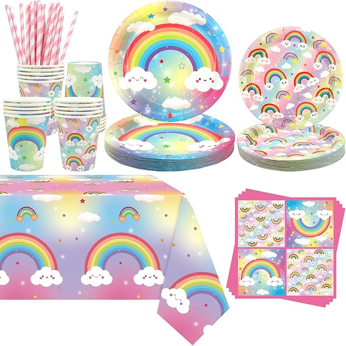 Rainbow Party Decoration - Rainbow Birthday Party Tableware Supplies Includes Plates, Cups, Napkins, Tablecloth, Straws (20)