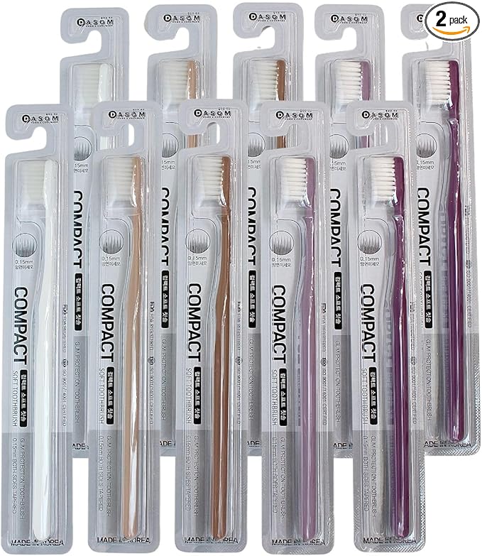 DASOM Soft Toothbrushes (Regular Size Head), Periodontist Design Tapered Bristles for Sensitive Teeth & Receding Gums 10 Count, Assorted Colors