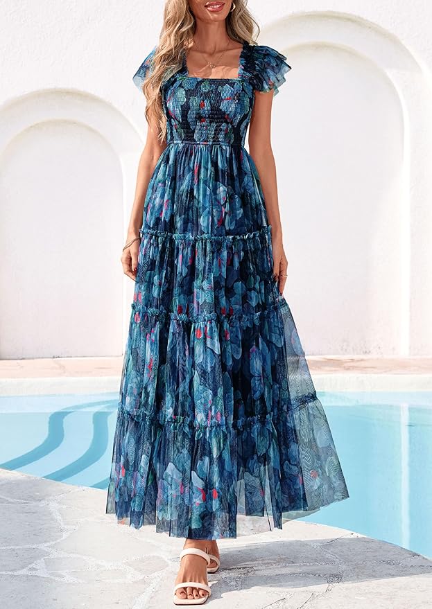 PRETTYGARDEN Women's Summer Tulle Midi Dress Sleeveless Smocked Ruffle Flowy Mesh Dresses Party Wedding Guest Sundress