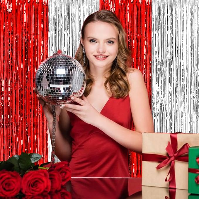 6 Pack Red and Silver Foil Fringe Curtains Backdrop, 3.28 x 8.2 Ft Metallic Streamers Tinsel Curtains Background for Photo Booth, Birthday, Christmas, Halloween, New Year Party Decorations