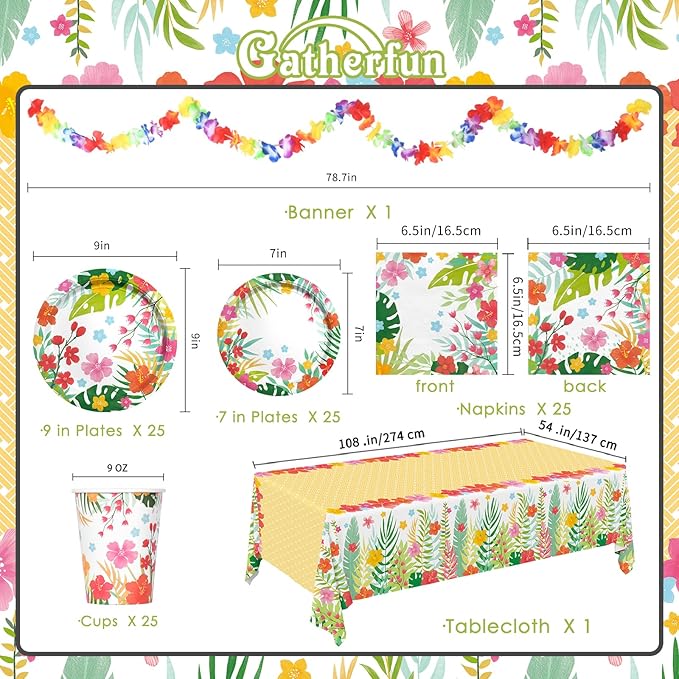 Tropical Luau Party Supplies Kit for 25 - Aloha Hawaiian Party Decorations with Disposable Paper Plates, Napkins, Cups, Tablecloth, and Banner | BBQs & Summer party