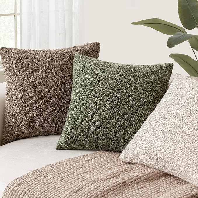 Foindtower Set of 2, Decorative Textured Boucle Throw Pillow Covers Accent Solid Pillow Cases Soft Cozy Couch Cushion Case for Chair Sofa Bedroom Living Room Home Decor 24x24 Inch Light Brown
